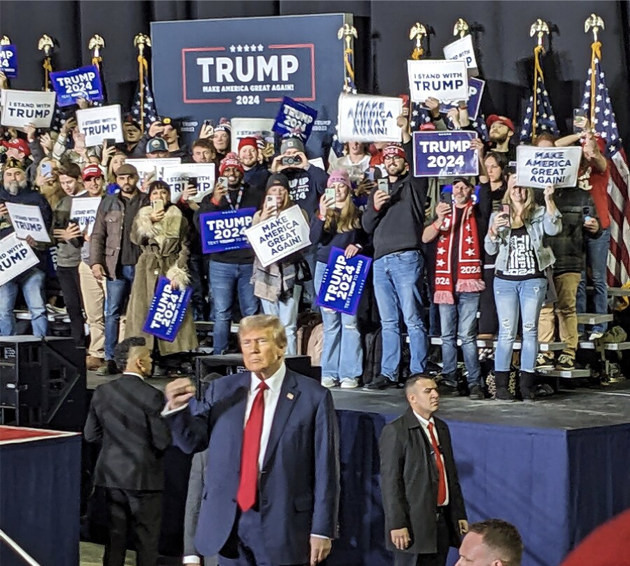 "Donald Trump rally SNHU Arena downtown Manchester NH January 2024 09" by Artaxerxes is licensed under CC BY-SA 4.0. To view a copy of this license, visit https://creativecommons.org/licenses/by-sa/4.0/?