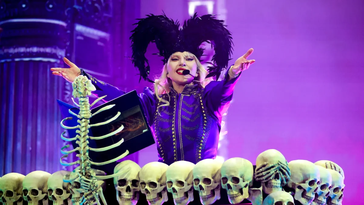 Lady Gaga performs at the Coachella Stage during the 2025 Coachella Valley Music and Arts Festival at Empire Polo Club on April 11, 2025 in Indio, California